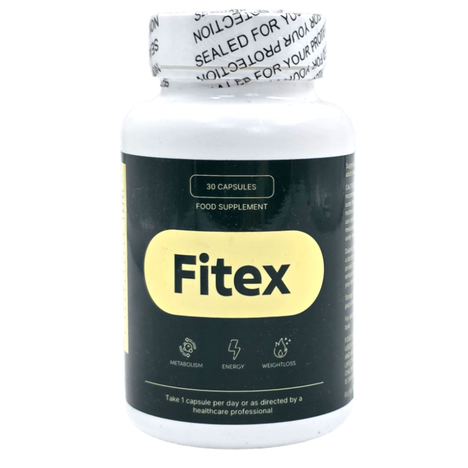 Weiße Flasche mit Fitex-Kapseln. Gelbes Etikett mit Produktnamen. Aufschrift: 30 Kapseln, Nahrungsergänzungsmittel. Siegel: Sealed for your protection.