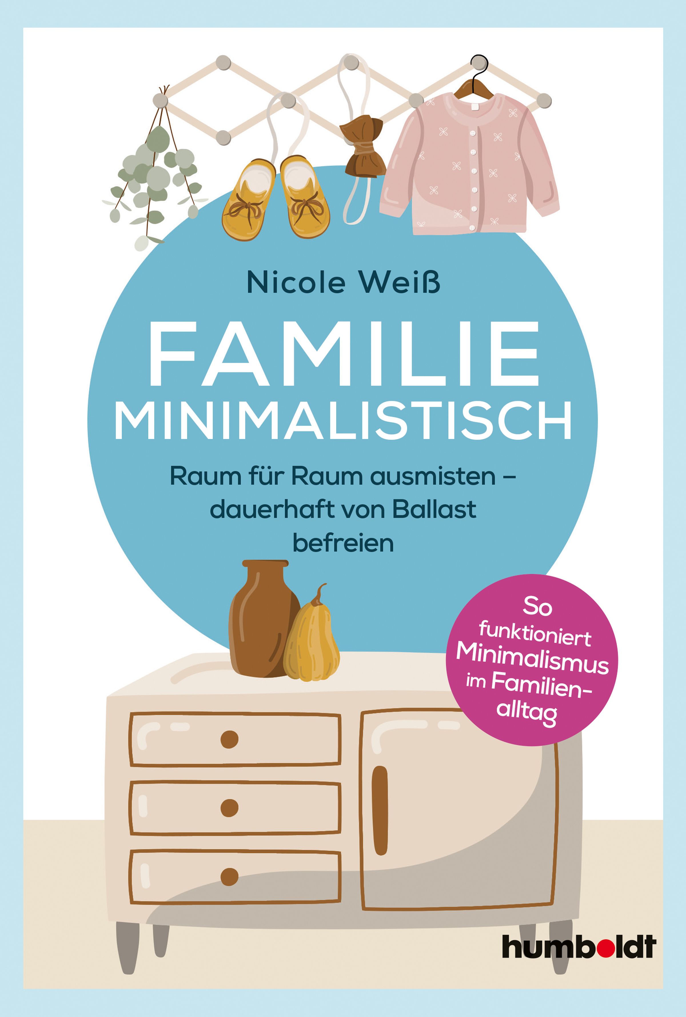 Buchcover: FAMILIE MINIMALISTISCH von Nicole Weiß. Titel in Blau, Illustrationen von Kleidung, Schuhen und Möbeln. Verlag: humboldt.