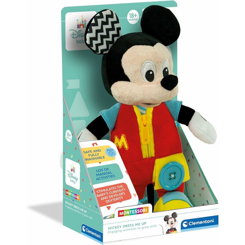 Verpackung für Mickey Mouse Dress Me Up. Stofftier in der Verpackung. Text: Safe and fully washable. Montessori-Logo.
