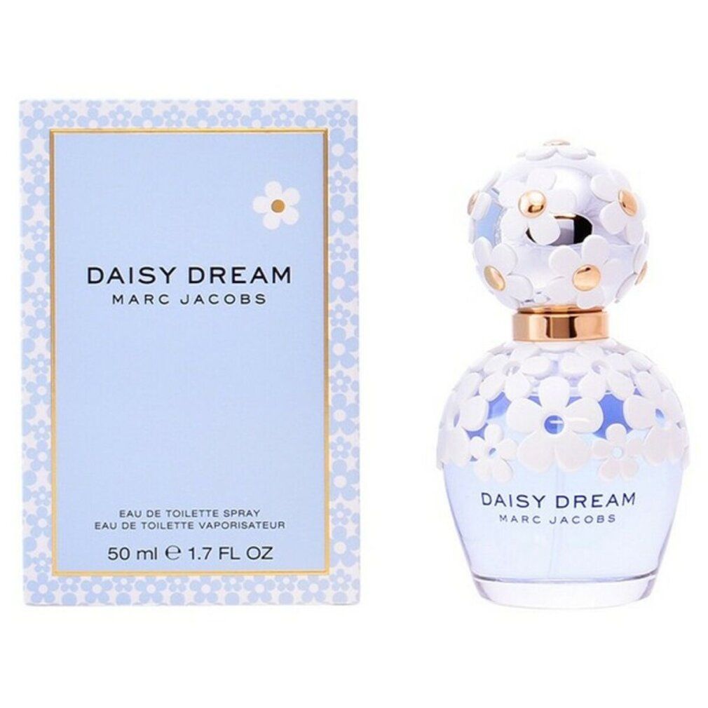 Parfümflasche und Schachtel. Flasche: hellblau, silberner Deckel, weiße Blüten. Schachtel: hellblau, Aufschrift Daisy Dream.