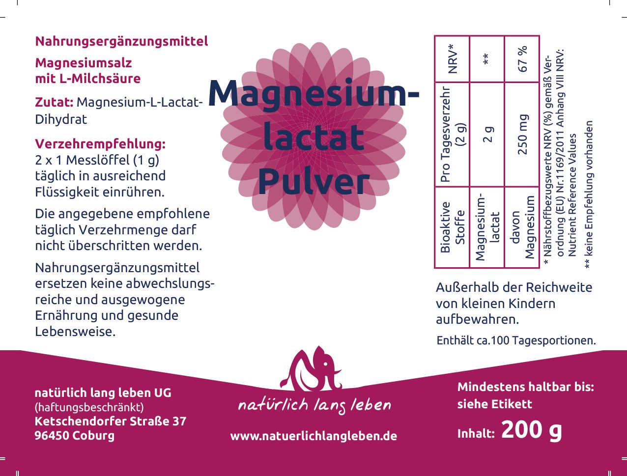 Etikett mit Produktinformationen. Weißes Etikett mit Produktname, Inhaltsstoffen und Nährwertangaben. Pinkes Logo.