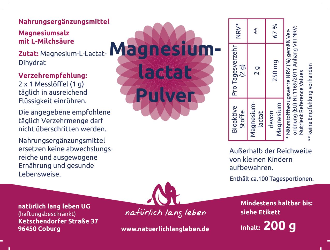 natürlich lang leben Magnesiumlactat Pulver 200 g