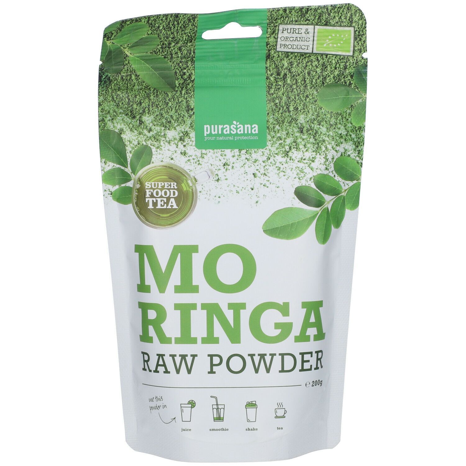 Sachet de poudre de moringa purasana®. Emballage vert et blanc avec nom du produit et label bio. Contient 200g.