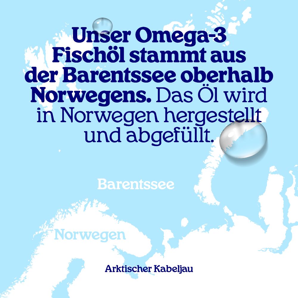 Karte mit Text über die Herkunft von Omega-3 Fischöl aus der Barentssee, Norwegen.