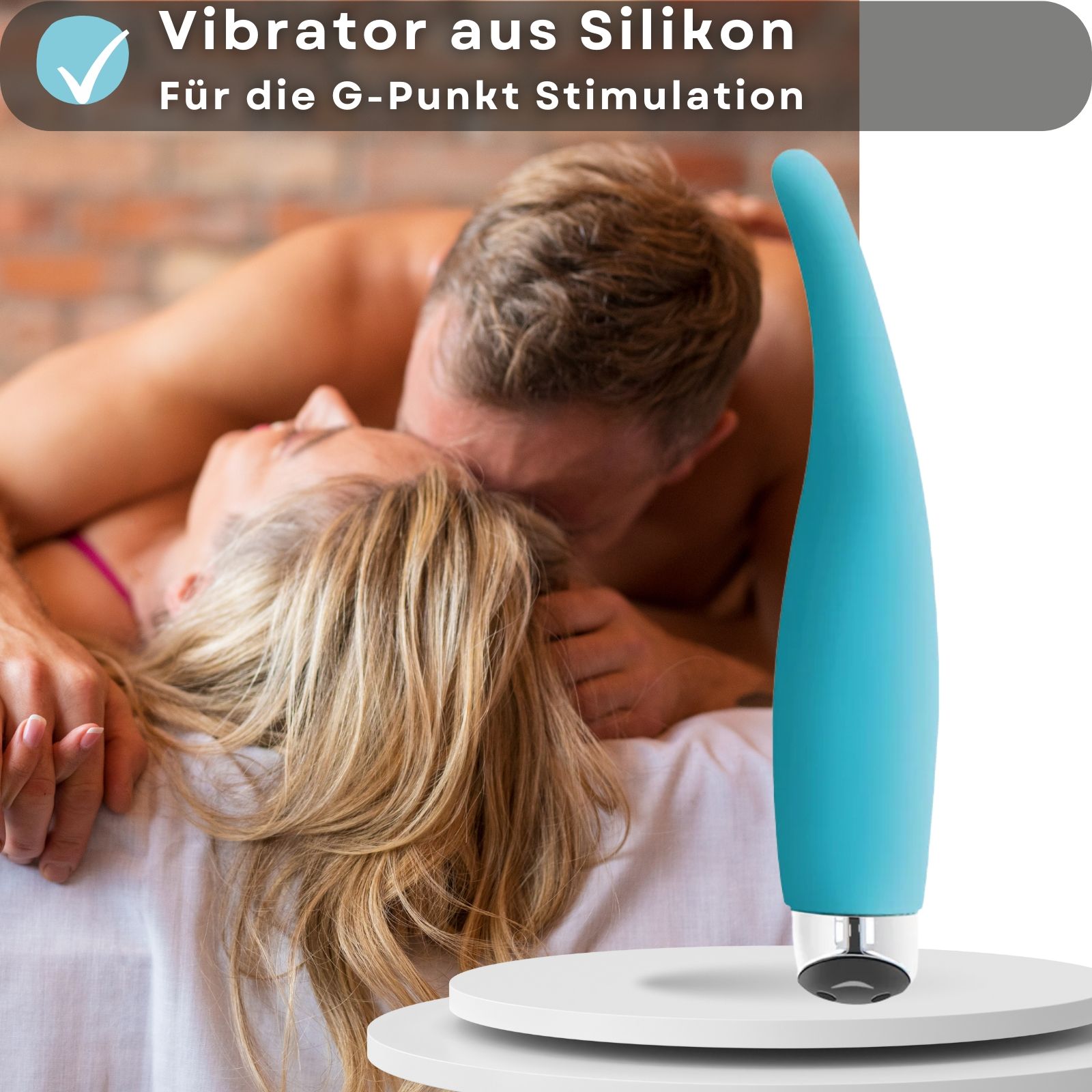 Blauer Vibrator. Text: Vibrator aus Silikon, für G-Punkt Stimulation. Paar im Hintergrund.