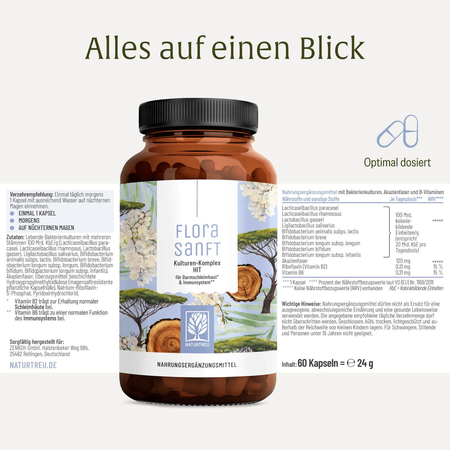 FLORASANFT Kulturen-Komplex HIT Flasche mit Nährwertangaben und Dosierung.