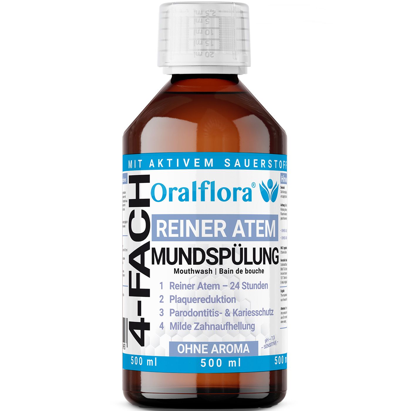 Braune Flasche mit weißem Verschluss. Aufschrift: Oralflora Mundspülung, 4-fach, reiner Atem, ohne Aroma. Blaue und weiße Etiketten.