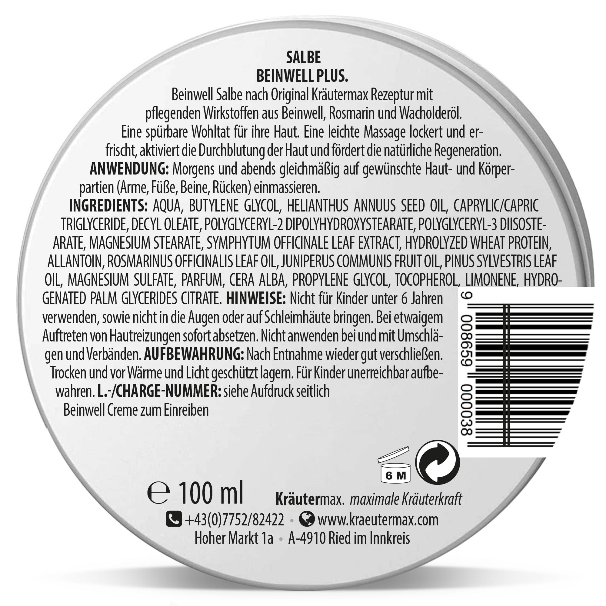Runde Dose Kräutermax Salbe Beinwell+. Rückseite mit Produktinformationen, Inhaltsstoffen und Barcode.