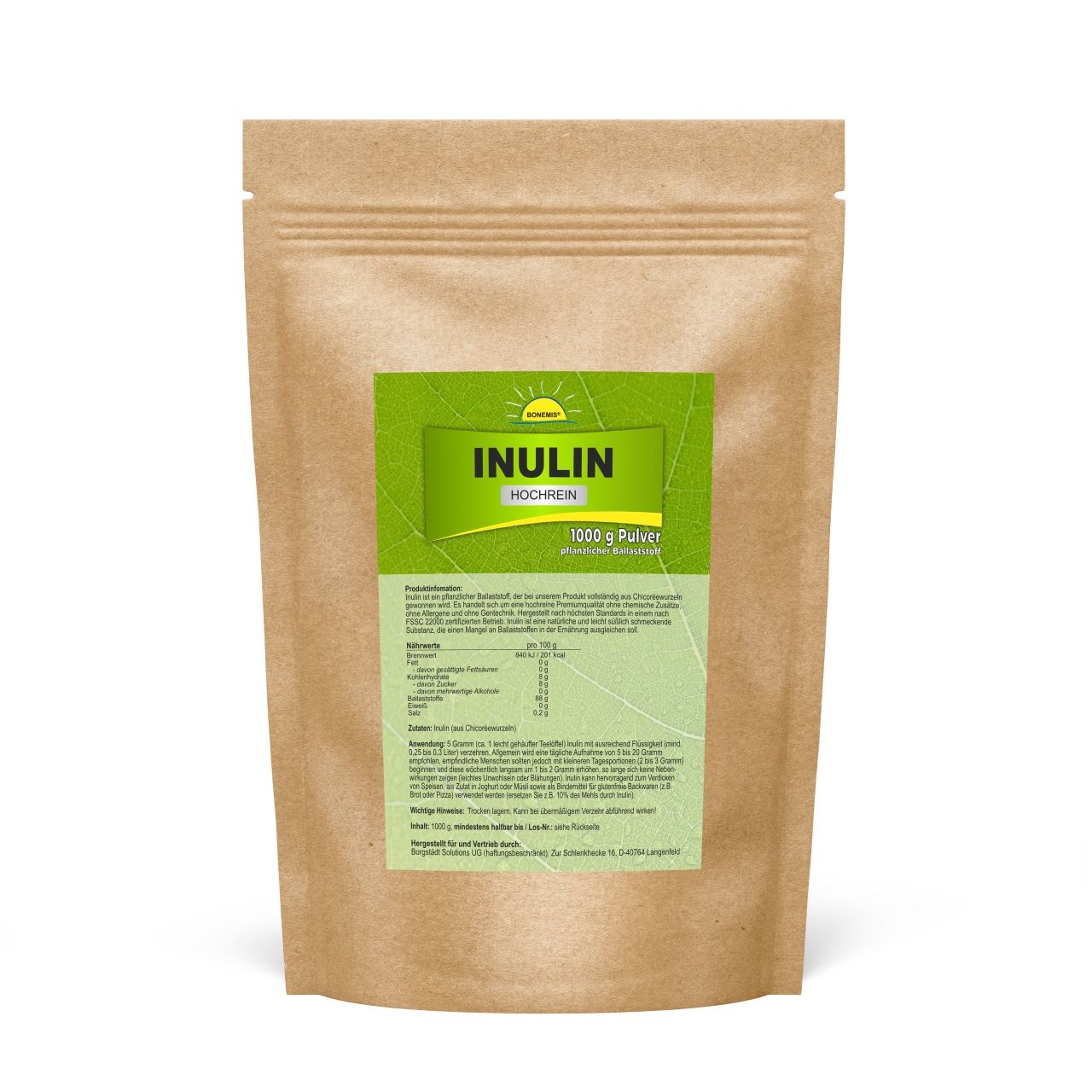 Bonemis® Inulin (pflanzlicher Ballaststoff), hochreine Premiumqualität ohne Zusätze 1 kg Pulver