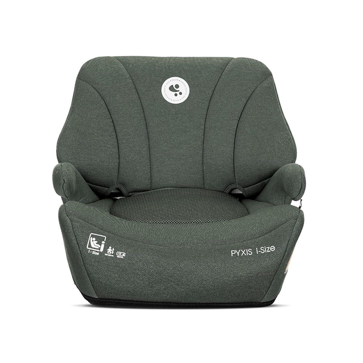 Grauer Kindersitz-Booster mit Kopfstütze und i-Size-Logo.