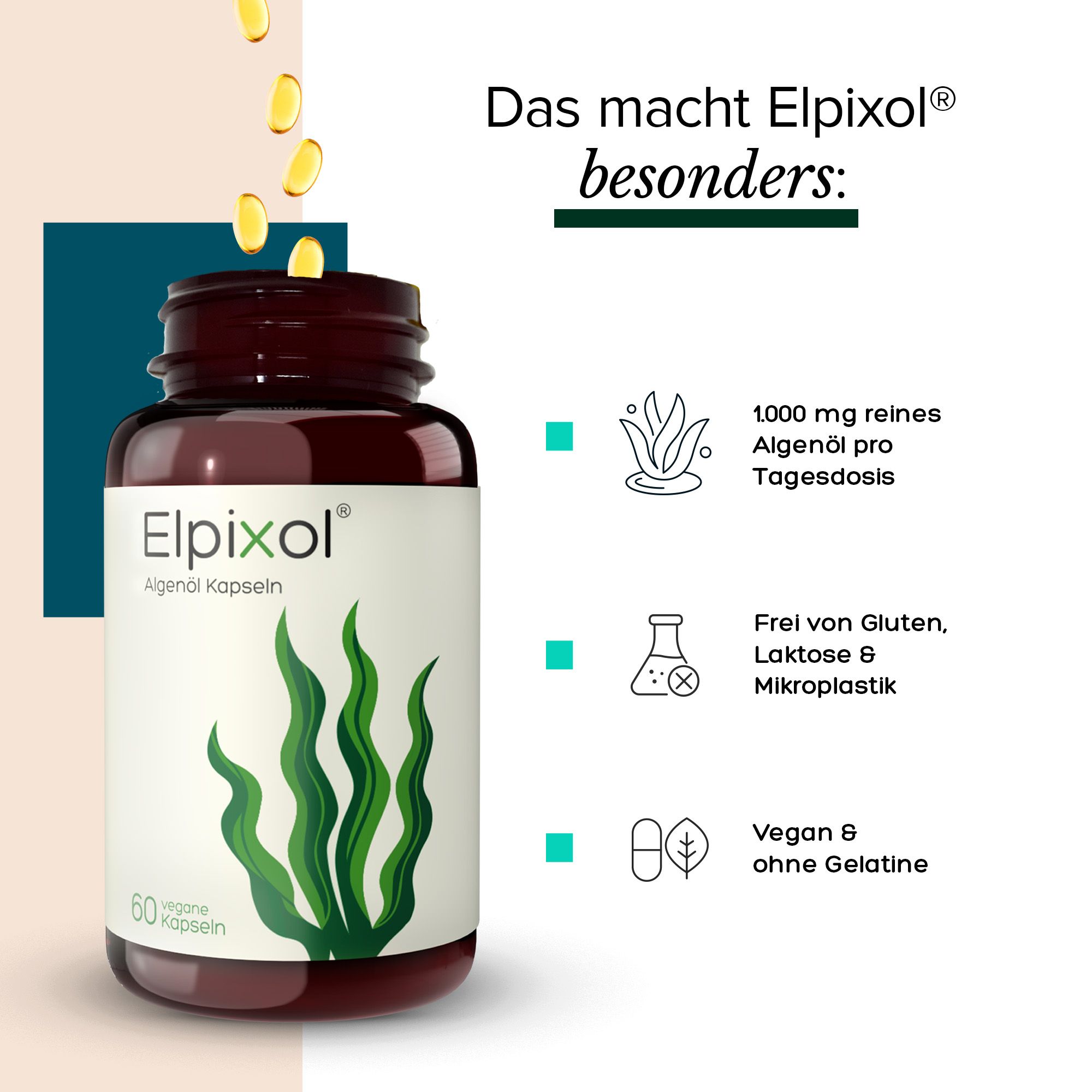 Braune Flasche mit weißen Etikett. Aufschrift: Elpixol Algenöl Kapseln. 60 vegane Kapseln. Illustration von Algen. Text über Vorteile.