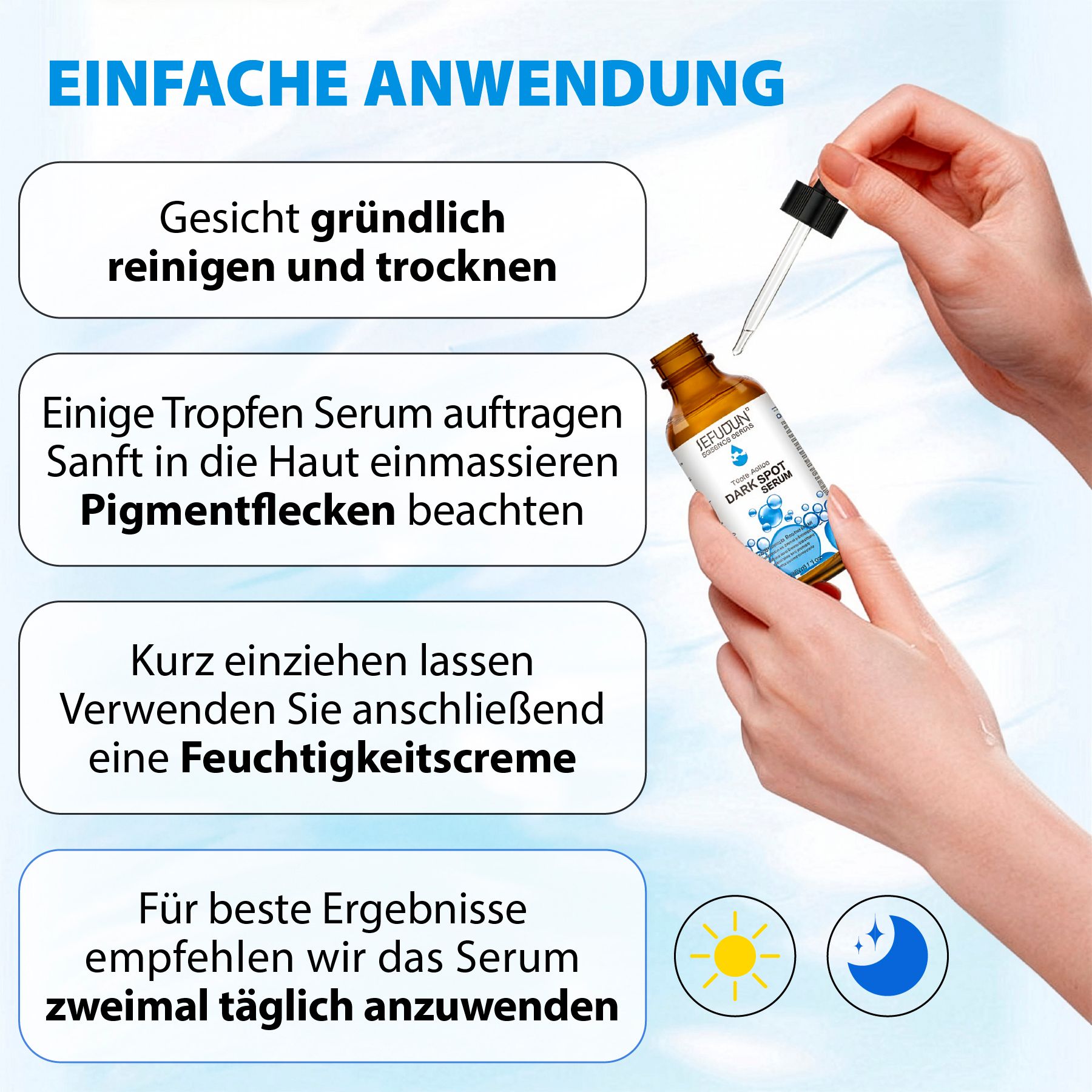 Anwendungshinweise für Serum: Gesicht reinigen, Tropfen auftragen, einziehen lassen, Feuchtigkeitscreme verwenden.