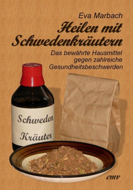 Buch "Heilen mit Schwedenkräutern" mit Flasche, Kräutern und Papiertüte. Flasche mit Etikett "Schweden Kräuter".