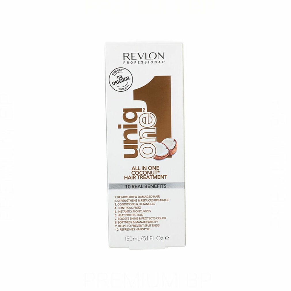 Weiße Verpackung mit Produktinformationen. Aufschrift: Revlon Professional Uniq One All in One Coconut Hair Treatment.