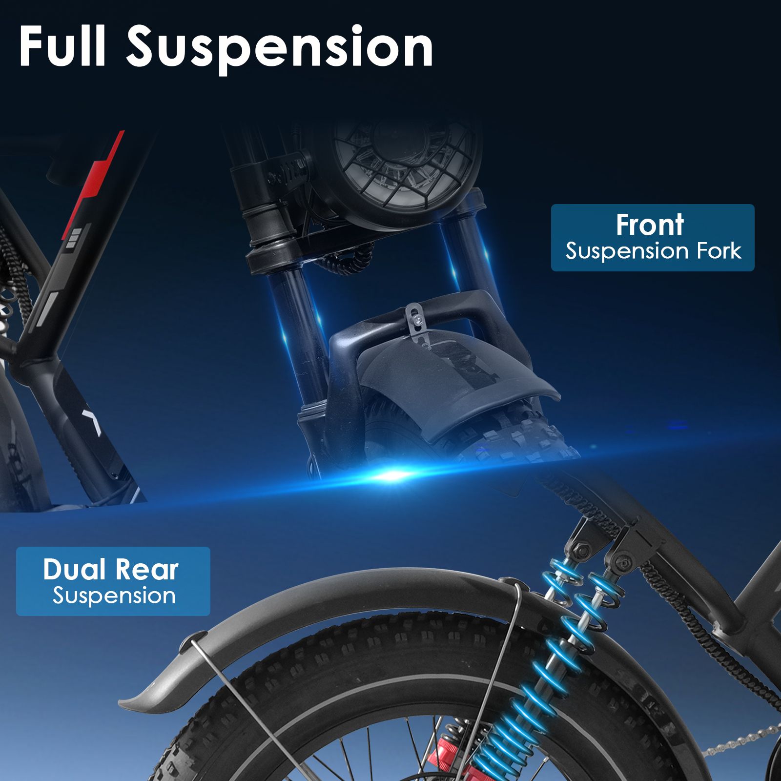 Nahaufnahme der Federung eines Elektrofahrrads. Beschriftungen: Front Suspension Fork, Dual Rear Suspension.