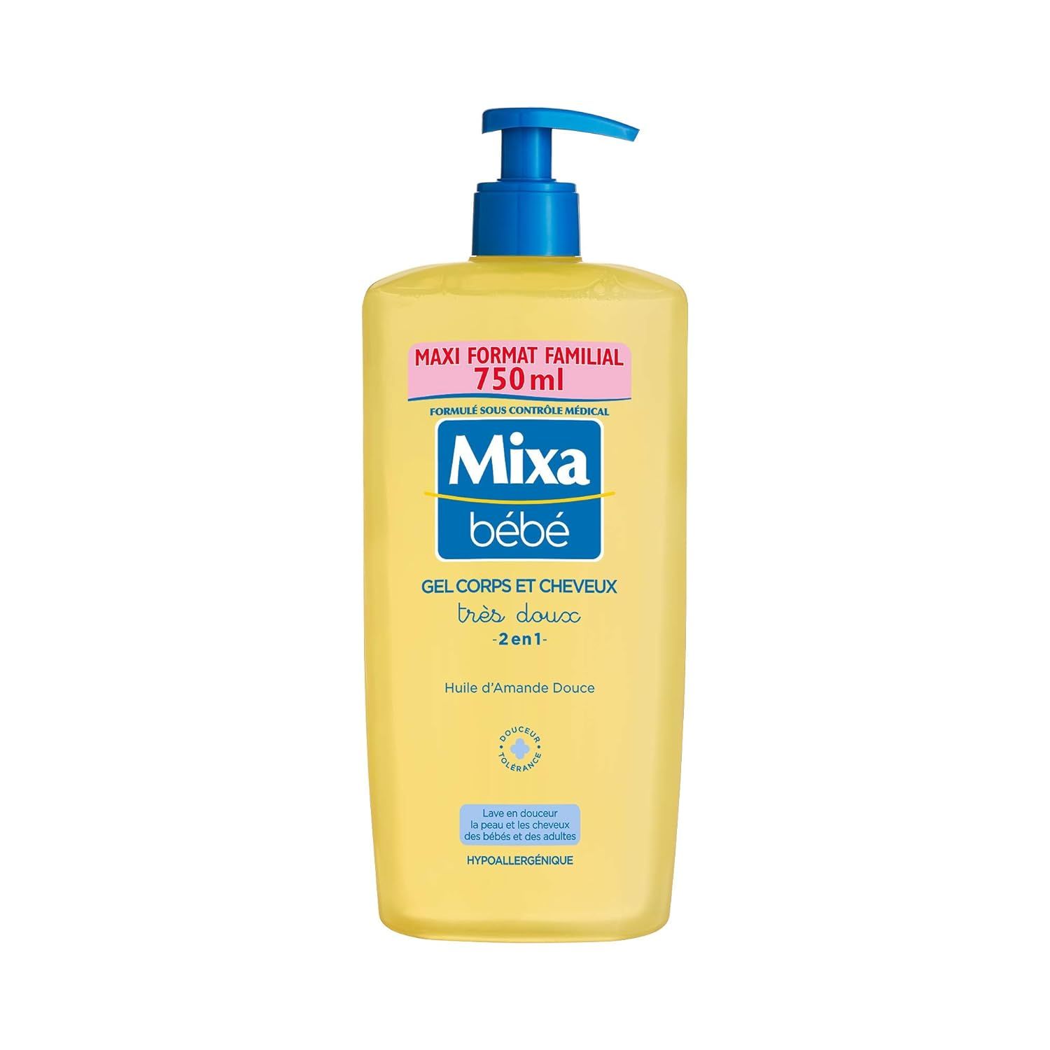 Gel Corps et Cheveux 2-in-1, gelbe Flasche mit blauem Pumpverschluss. Text: Maxi-Format familial 750ml, Mixa Bébé. Mit Mandelöl, hypoallergen.