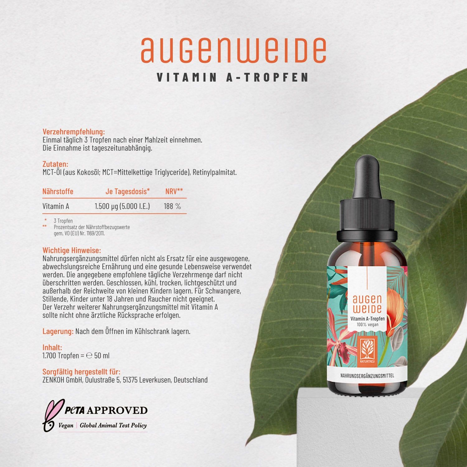 Produktflasche mit Tropfer neben Text. Text: Augenweide Vitamin A-Tropfen, Verzehrempfehlung, Inhaltsstoffe, wichtige Hinweise. PETA-Logo.