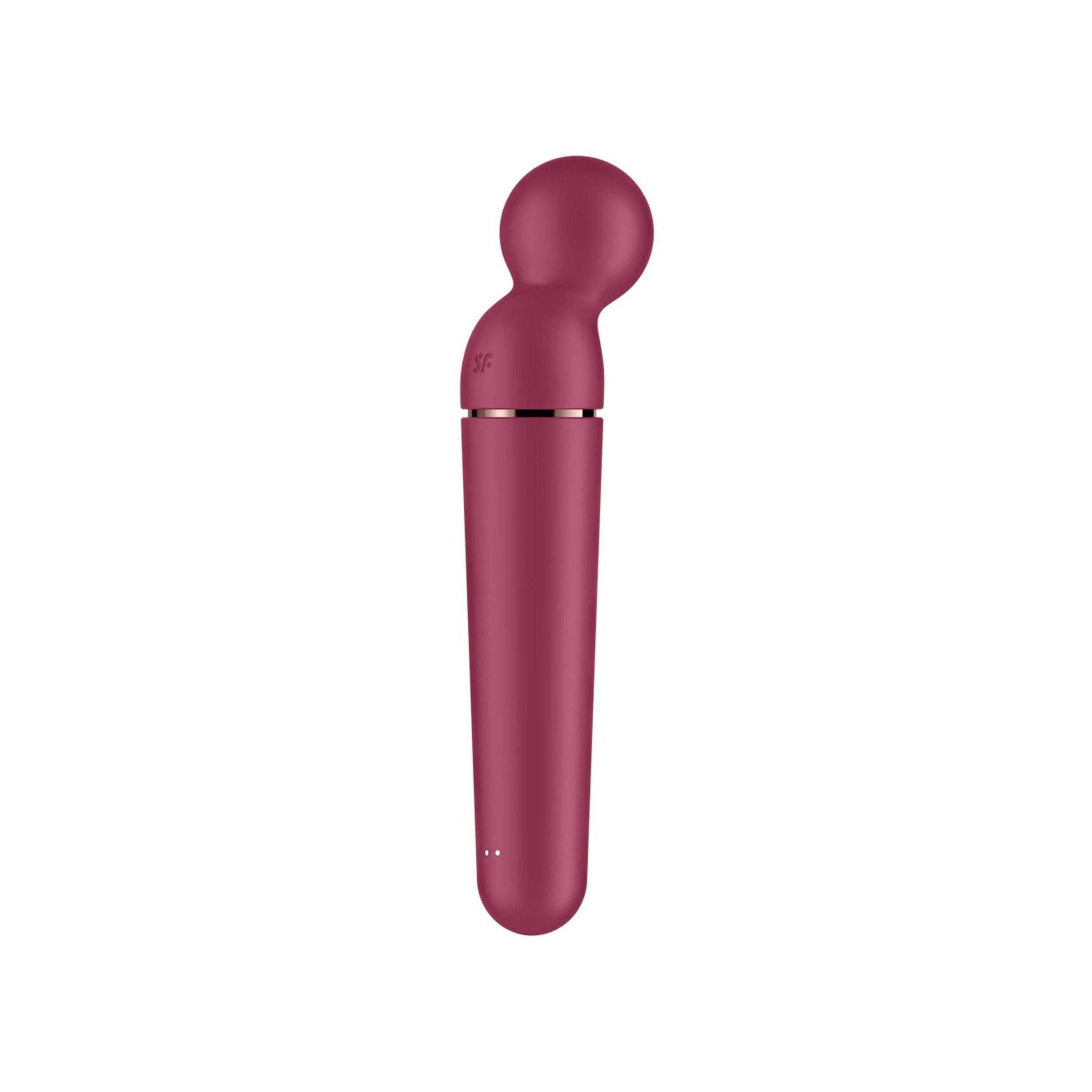 Bordeauxfarbener Vibrator mit rundem Kopf und zylindrischem Schaft. Silberfarbener Ring am Übergang. Zwei Knöpfe.