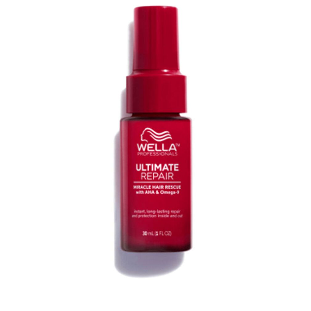 Rote Flasche Wella Ultimate Repair. Text: Miracle Hair Rescue, AHA & Omega-9. 30 ml.