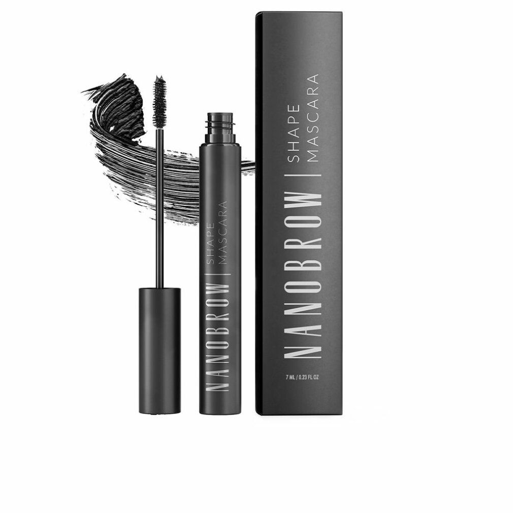 Schwarze Mascara mit Bürste und Verpackung. Auf der Verpackung steht "NANOBROW SHAPE MASCARA".