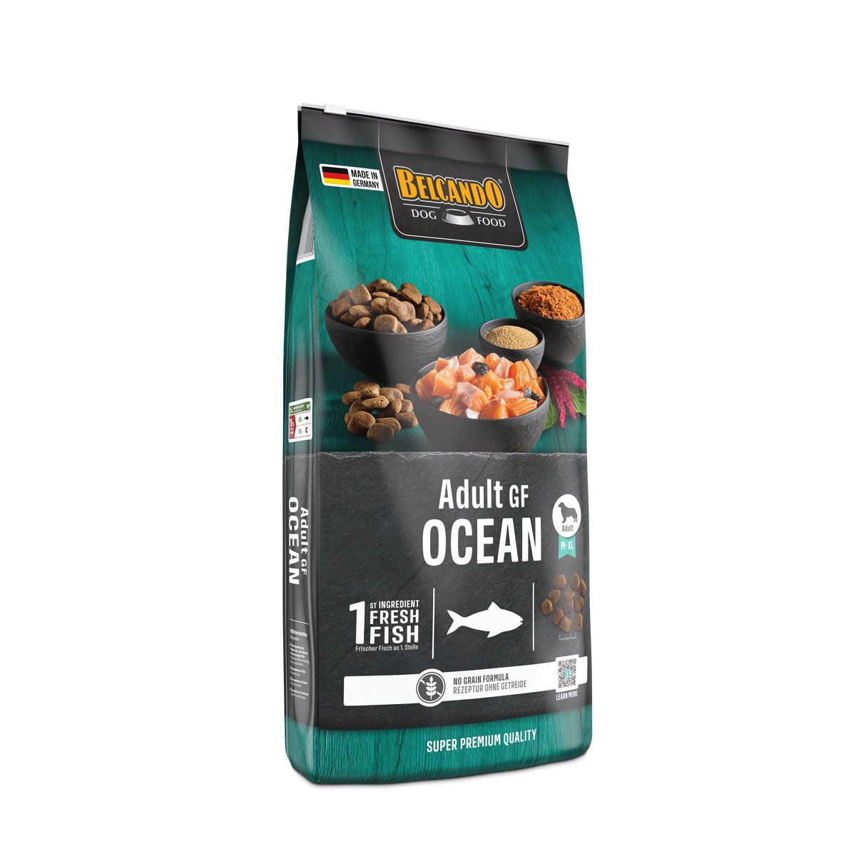 Belcando Adult GF Ocean Hundefutter-Sack mit Fischabbildung und "1 FRESH FISH" Aufschrift.