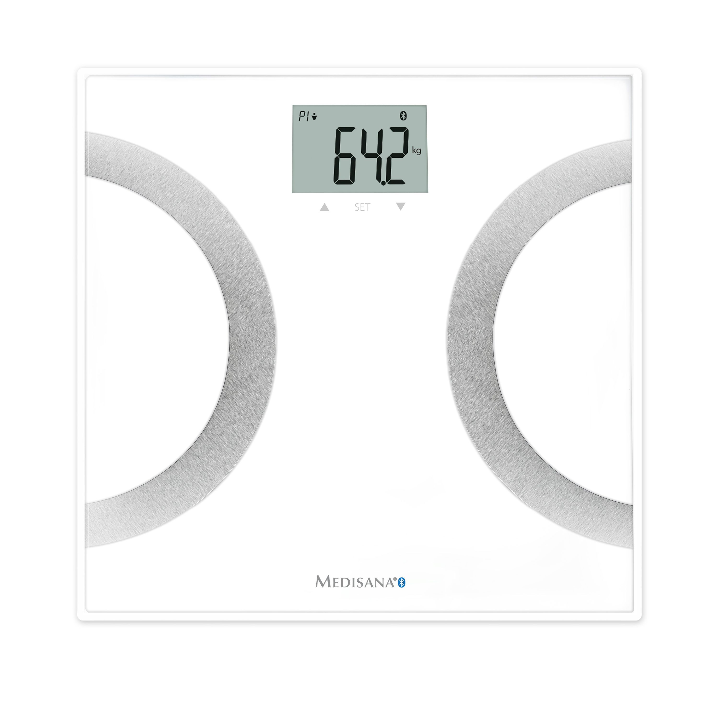Witte lichaamsanalyse weegschaal met digitale display. Grijze cirkels voor voeten. Medisana logo.
