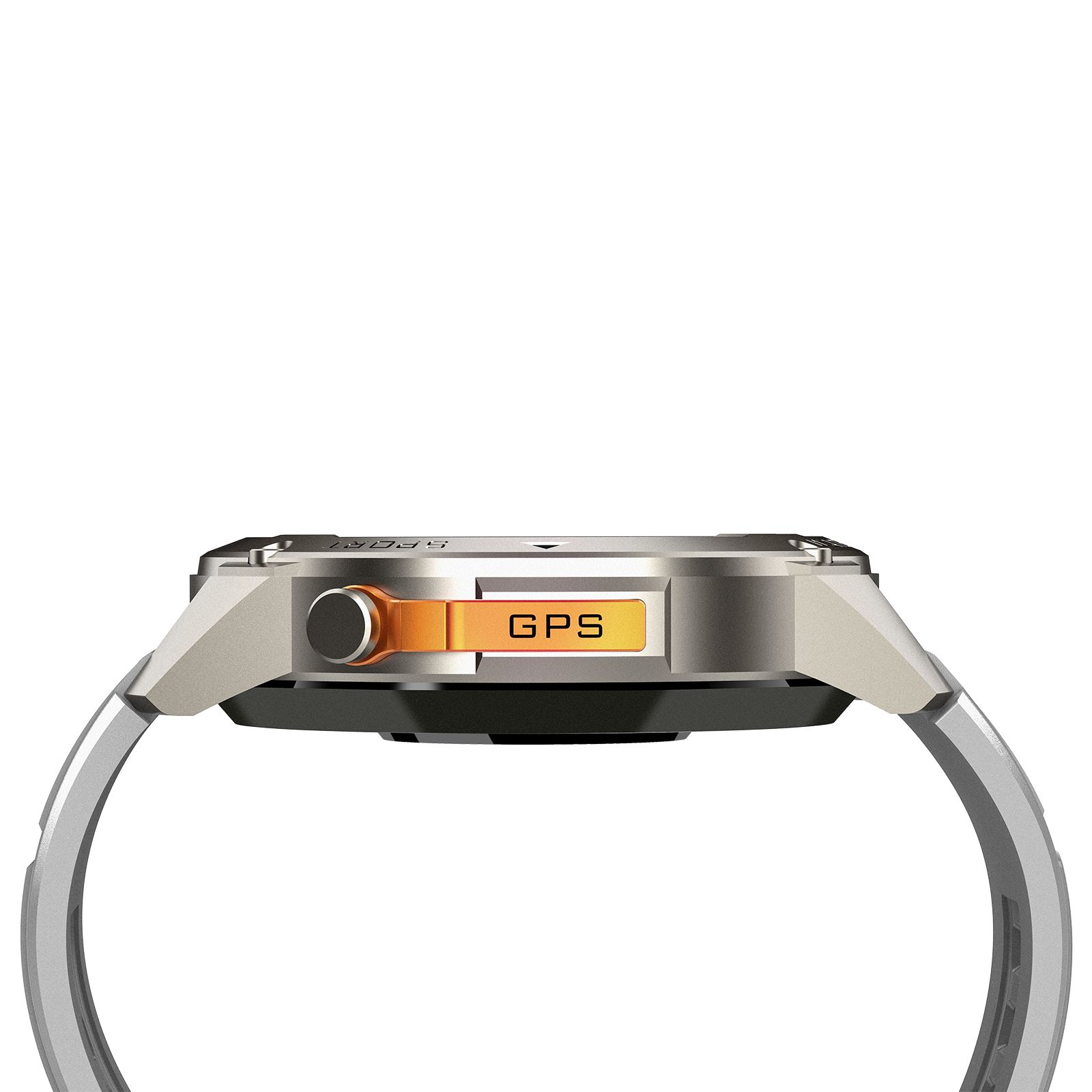 Seitenansicht einer Smartwatch mit orangefarbenem Knopf mit GPS-Kennzeichnung. Graues Armband.