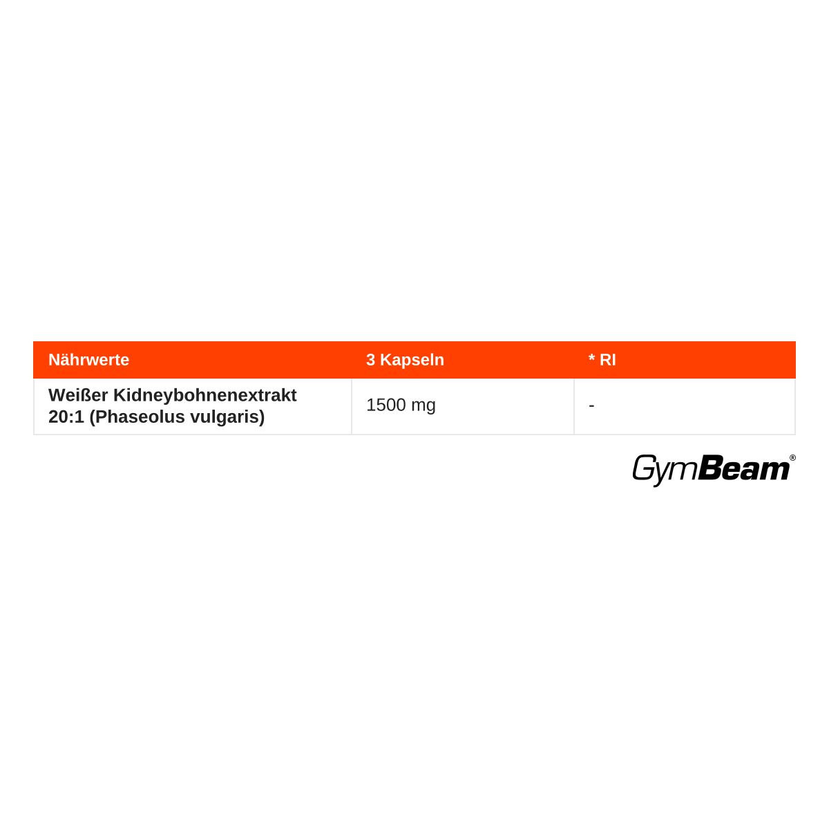 Nährwertangaben für GymBeam Weiße Kidneybohnen Extrakt: 1500 mg pro 3 Kapseln.