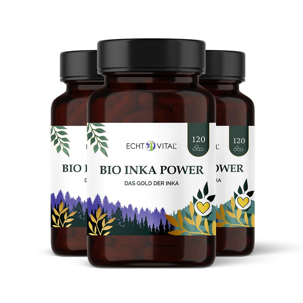 Drei braune Flaschen mit schwarzem Deckel. Aufschrift: Echt Vital Bio Inka Power. 120 Kapseln. Gold der Inka.