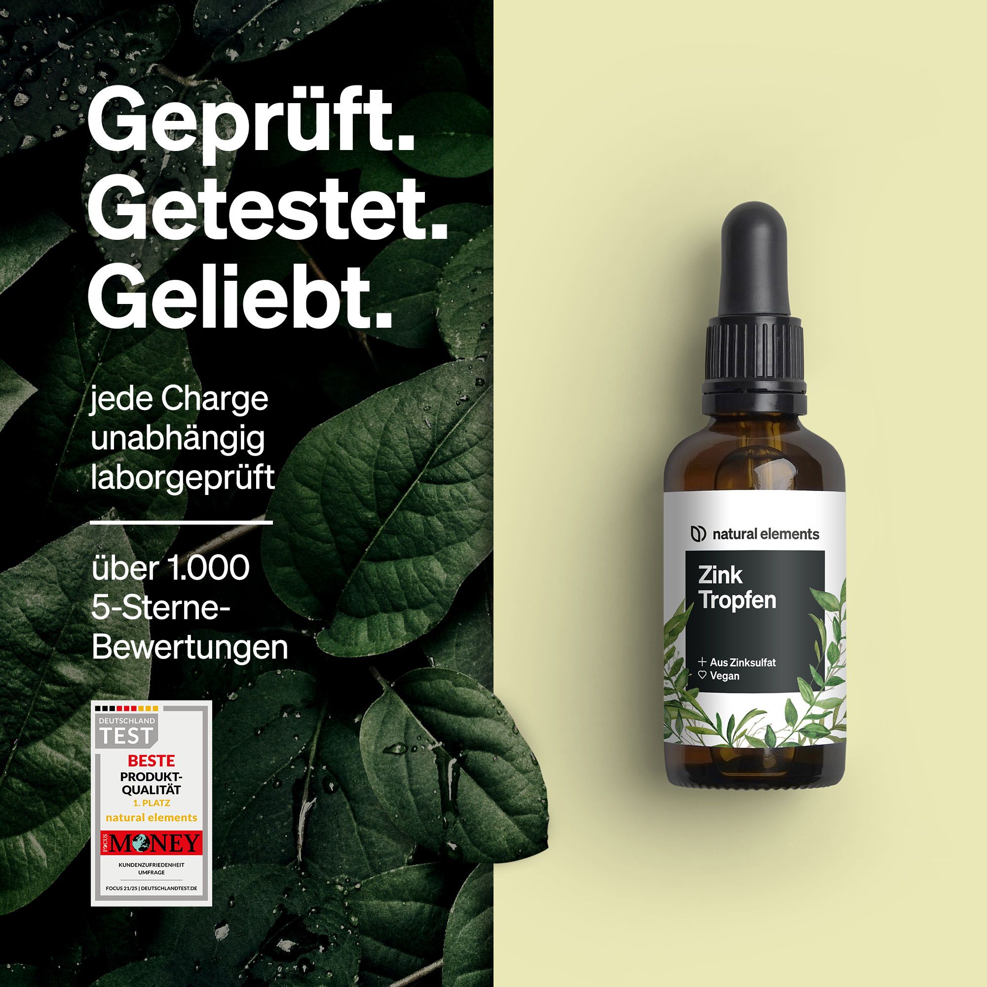 natural elements Zink Tropfen – 100ml – 15mg/Tagesdosis – Ionisches Zink (Zinksulfat) – Ohne Alkohol