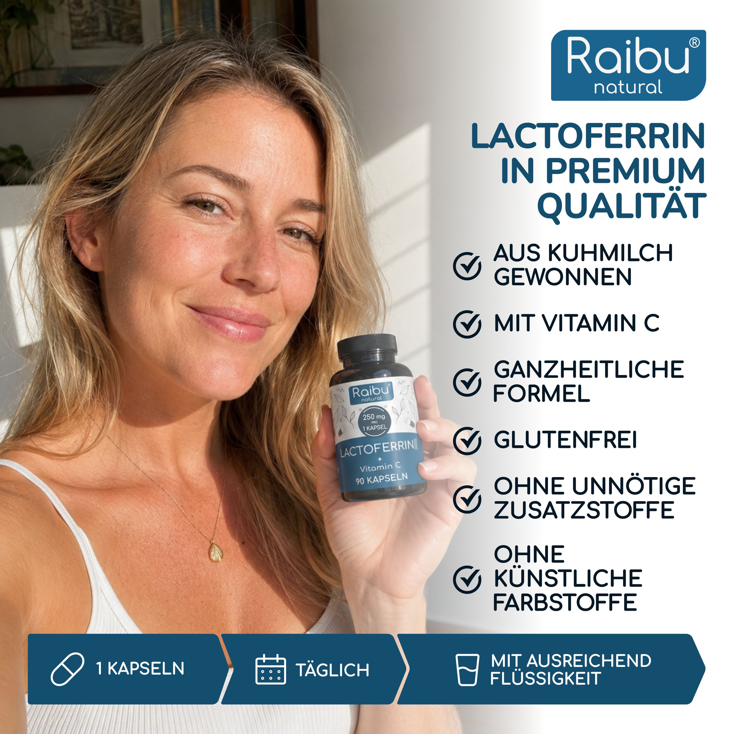Frau hält eine dunkle Flasche mit Lactoferrin-Kapseln und Vitamin C. Text hebt Vorteile hervor.