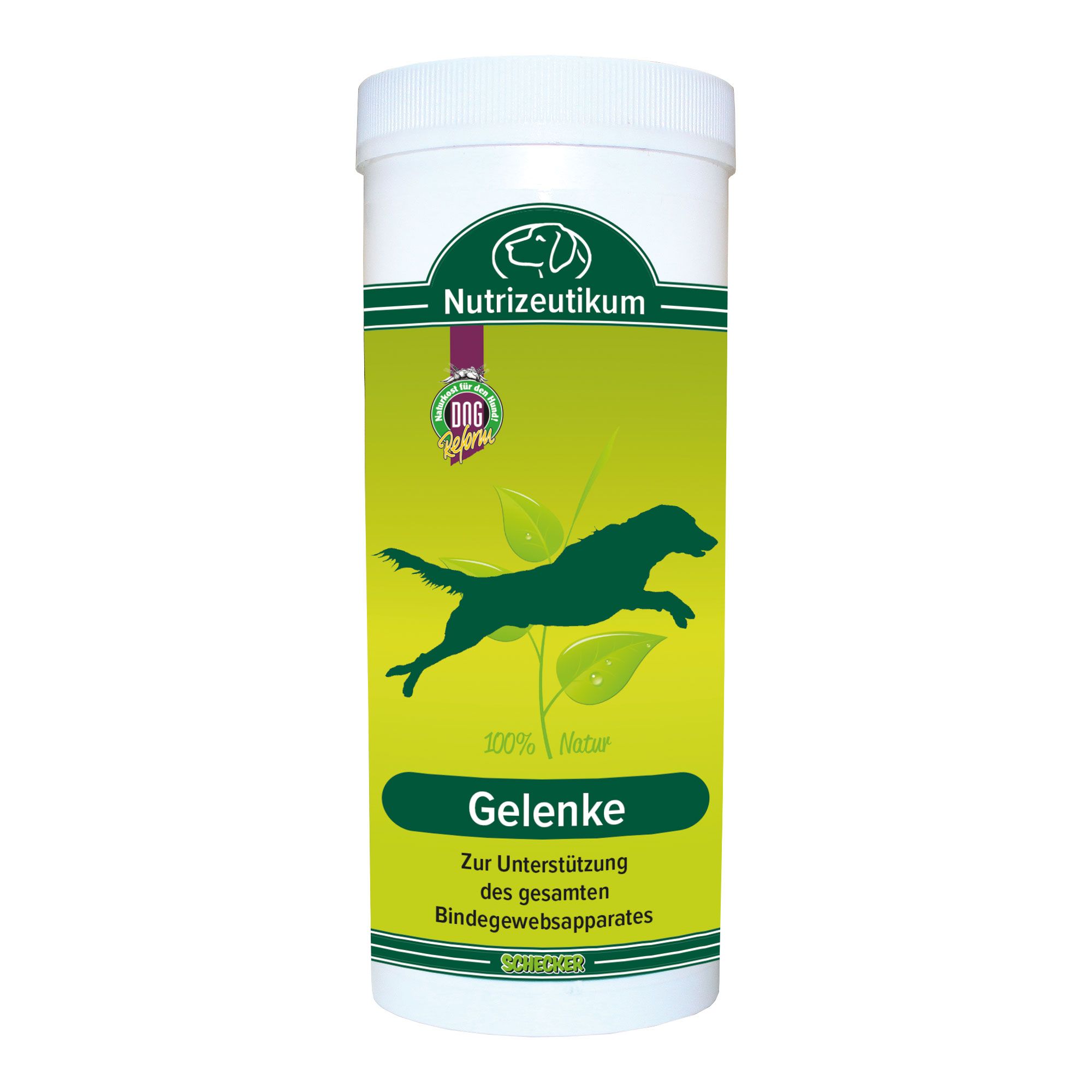 Zylindrische Dose mit grünem Etikett. Aufschrift: Gelenke, Nutrizeutikum, Hundesilhouette, 100% Natur. Siegel: Dog Vital.