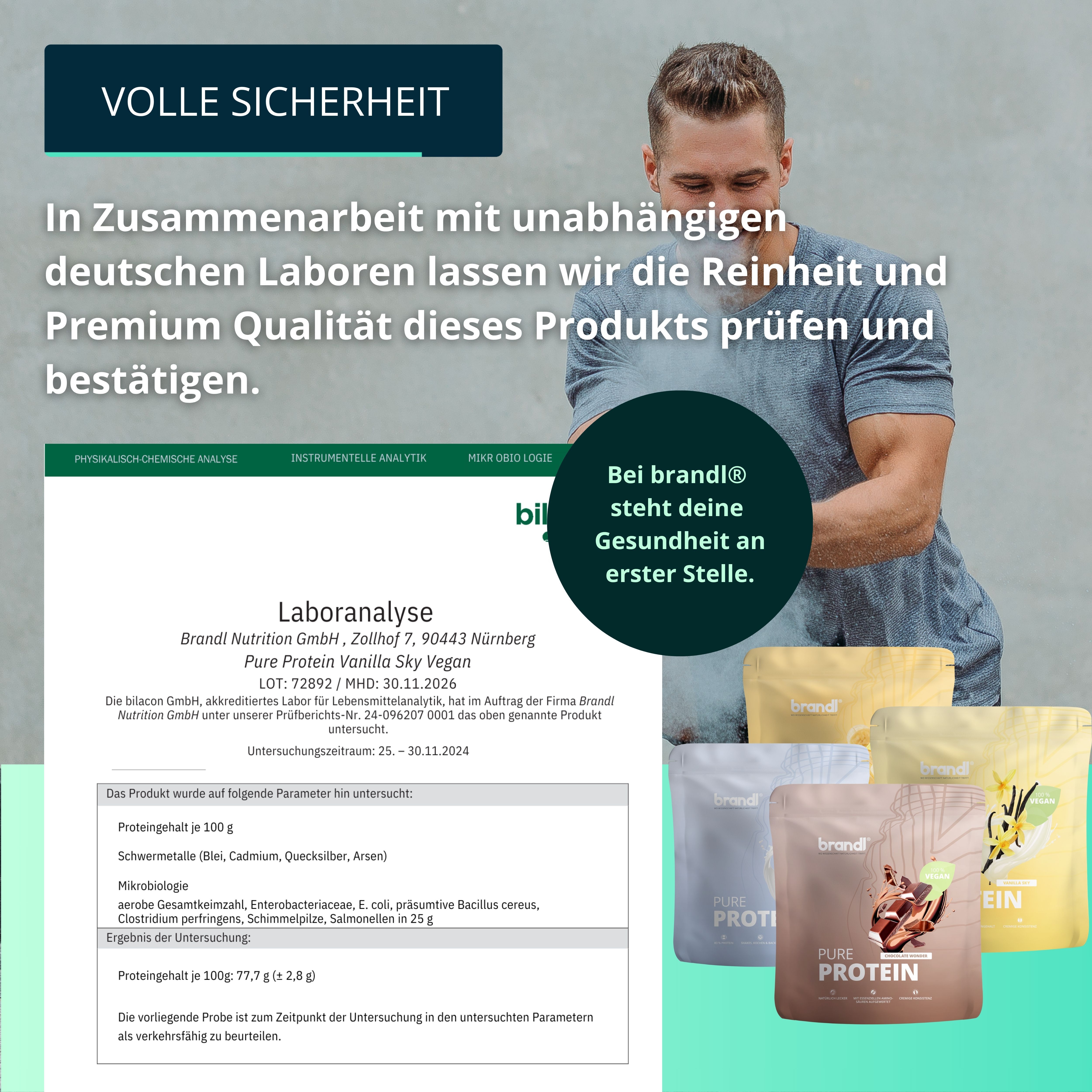 Laboranalyse-Dokument mit Produktverpackungen. Text: 'Laboranalyse', 'Reinheit und Premium Qualität'.