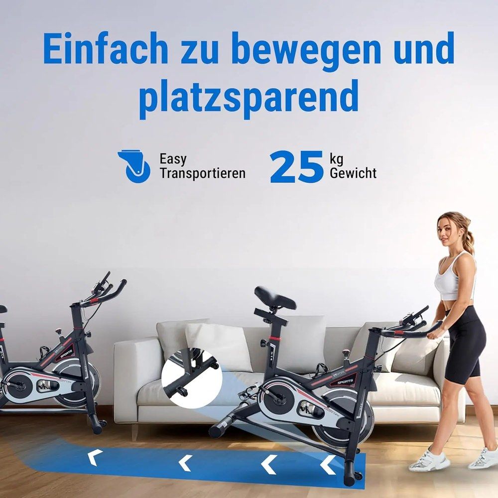 AsVIVA Indoor Cycle S14: Einfach zu bewegen, 25kg Gewicht, Frau schiebt Hometrainer.