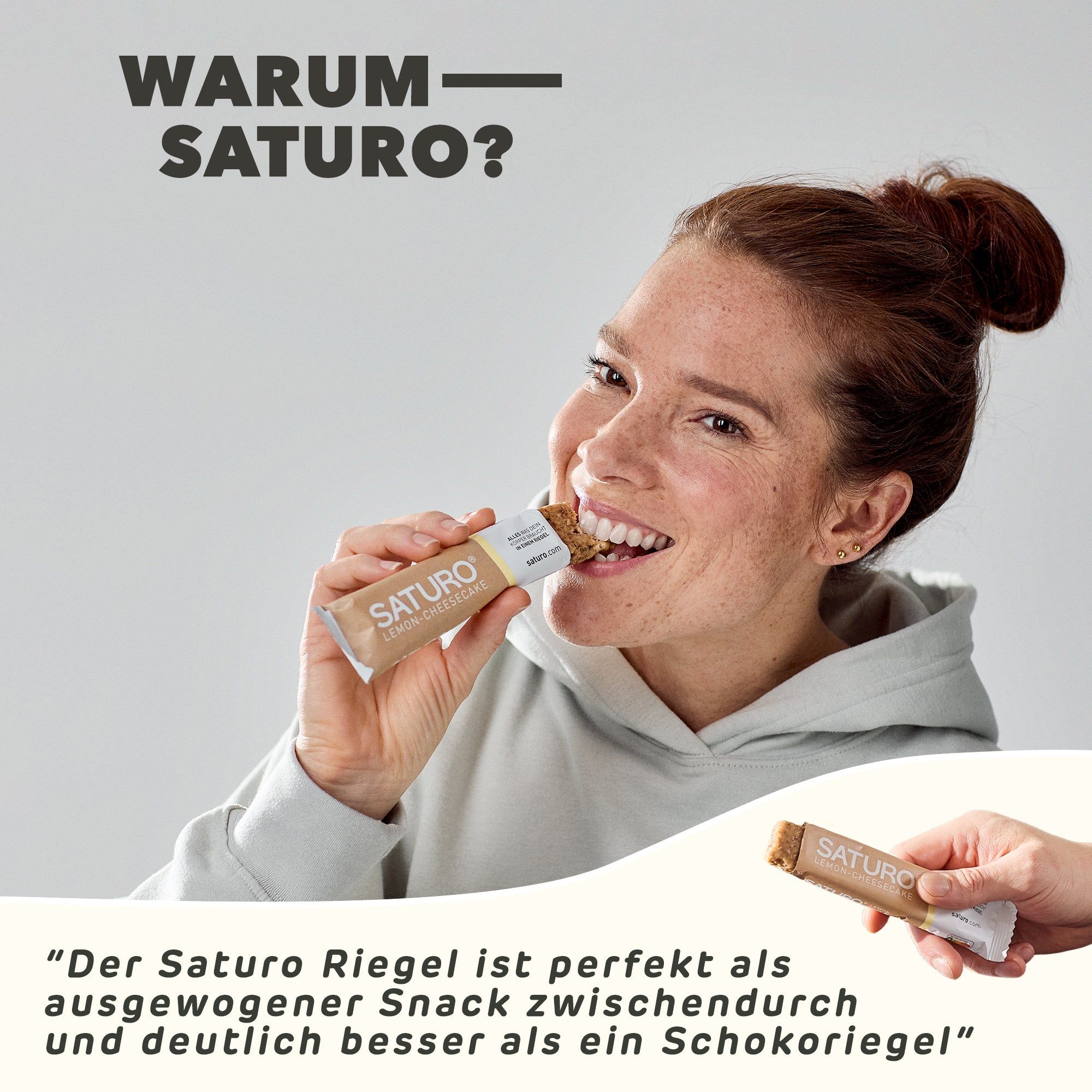 Frau isst Saturo Energieriegel. Text: Ausgewogener Snack, besser als Schokoriegel.