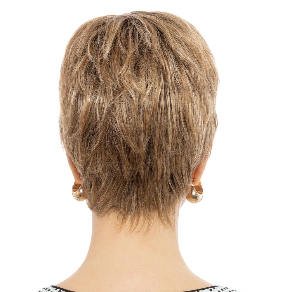 Kurzhaarperücke, blond, Rückansicht. Frau mit goldenen Ohrringen.