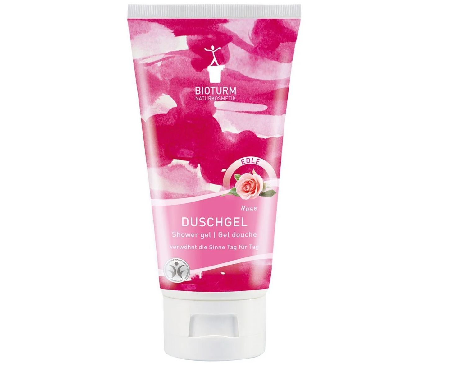 Rosa Duschgel-Tube. Aufschrift: BIOTURM, DUSCHGEL, Rose. Abbildung einer Rose. Weißer Verschluss.