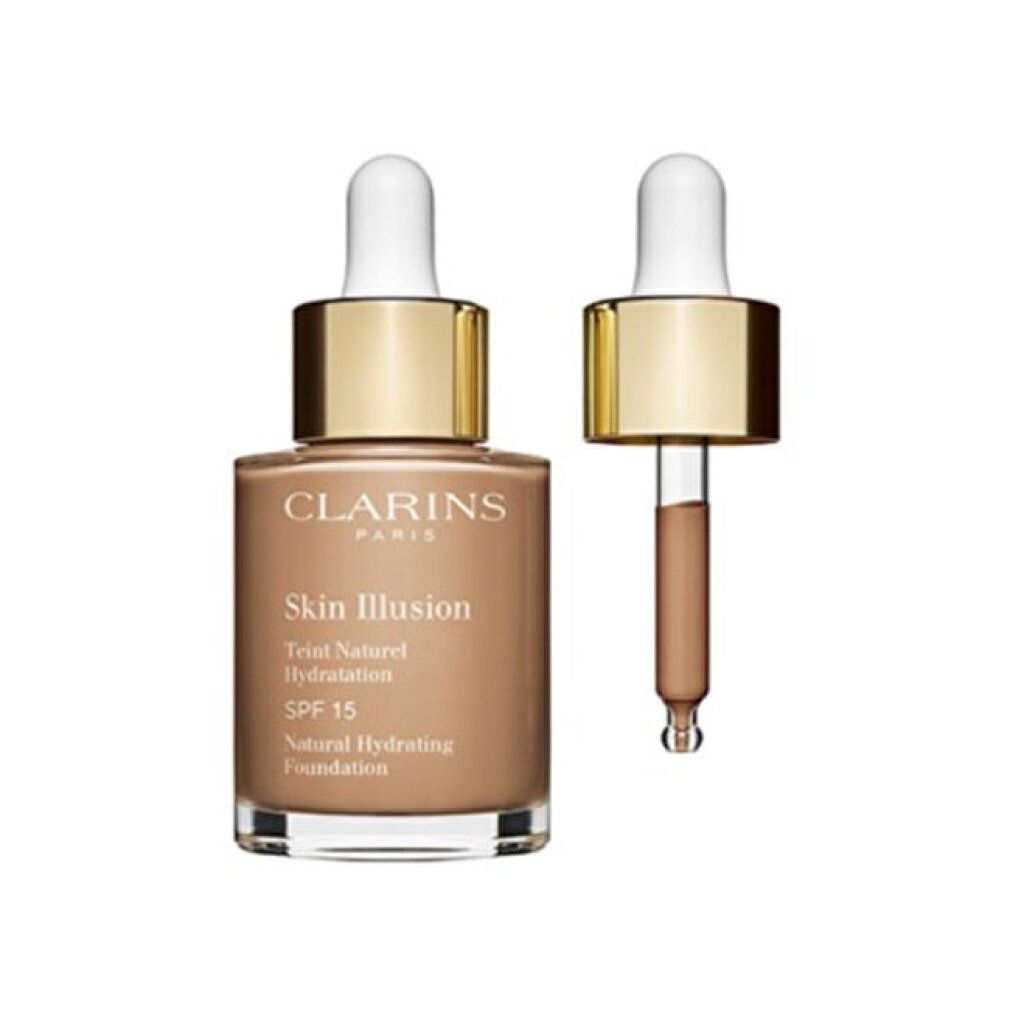 Clarins Skin Illusion Make-up-Fläschchen mit Pipette. Aufschrift: Skin Illusion, SPF 15. Pipette daneben.