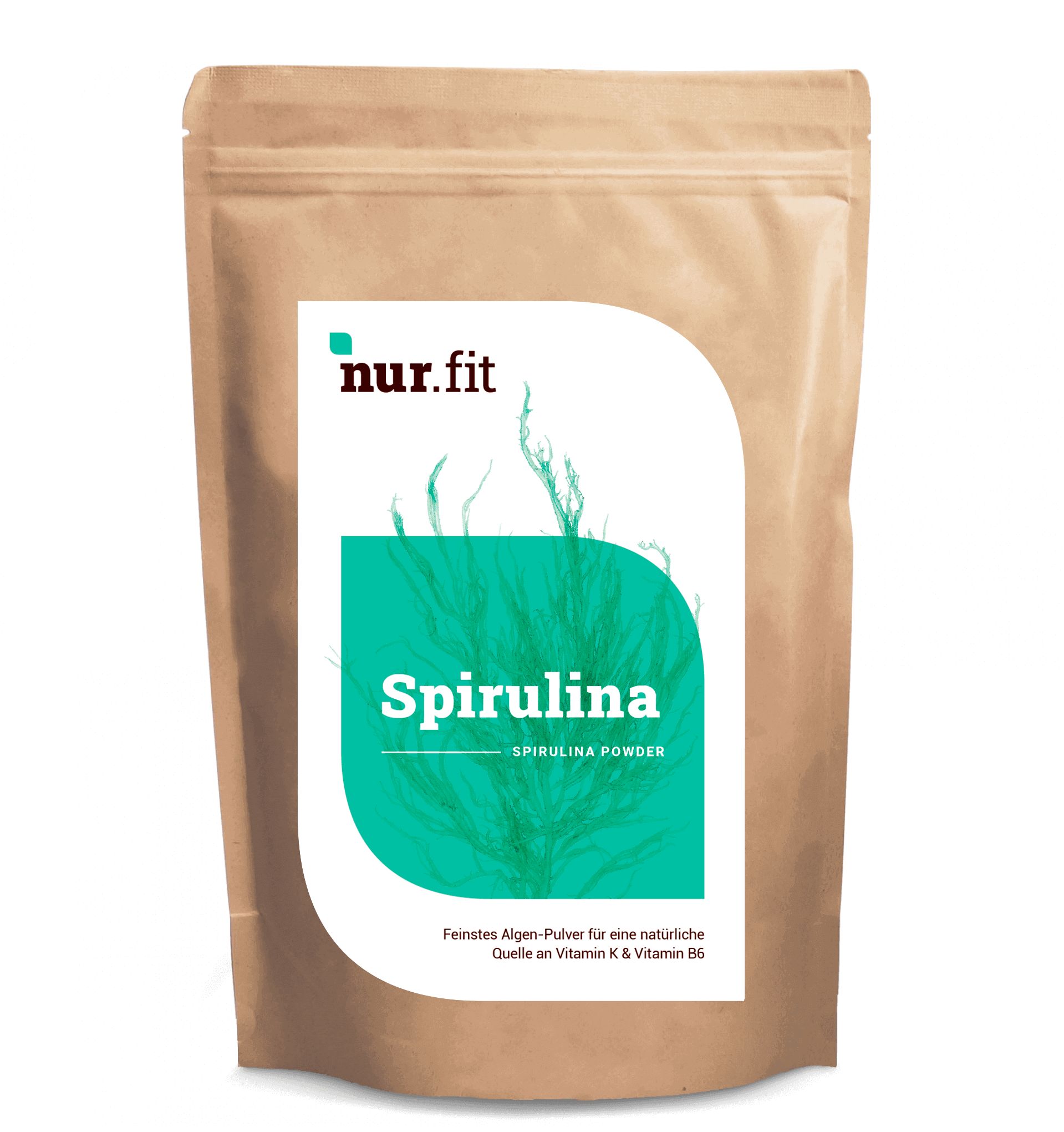 Braune Tüte mit weißem Etikett. Auf dem Etikett steht "nur.fit Spirulina Pulver".