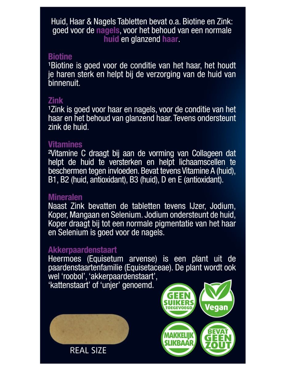 Rückseite der Verpackung von Lucovitaal Huid, Haar & Nagels Tabletten. Enthält Informationen zu Inhaltsstoffen und Zertifizierungen.