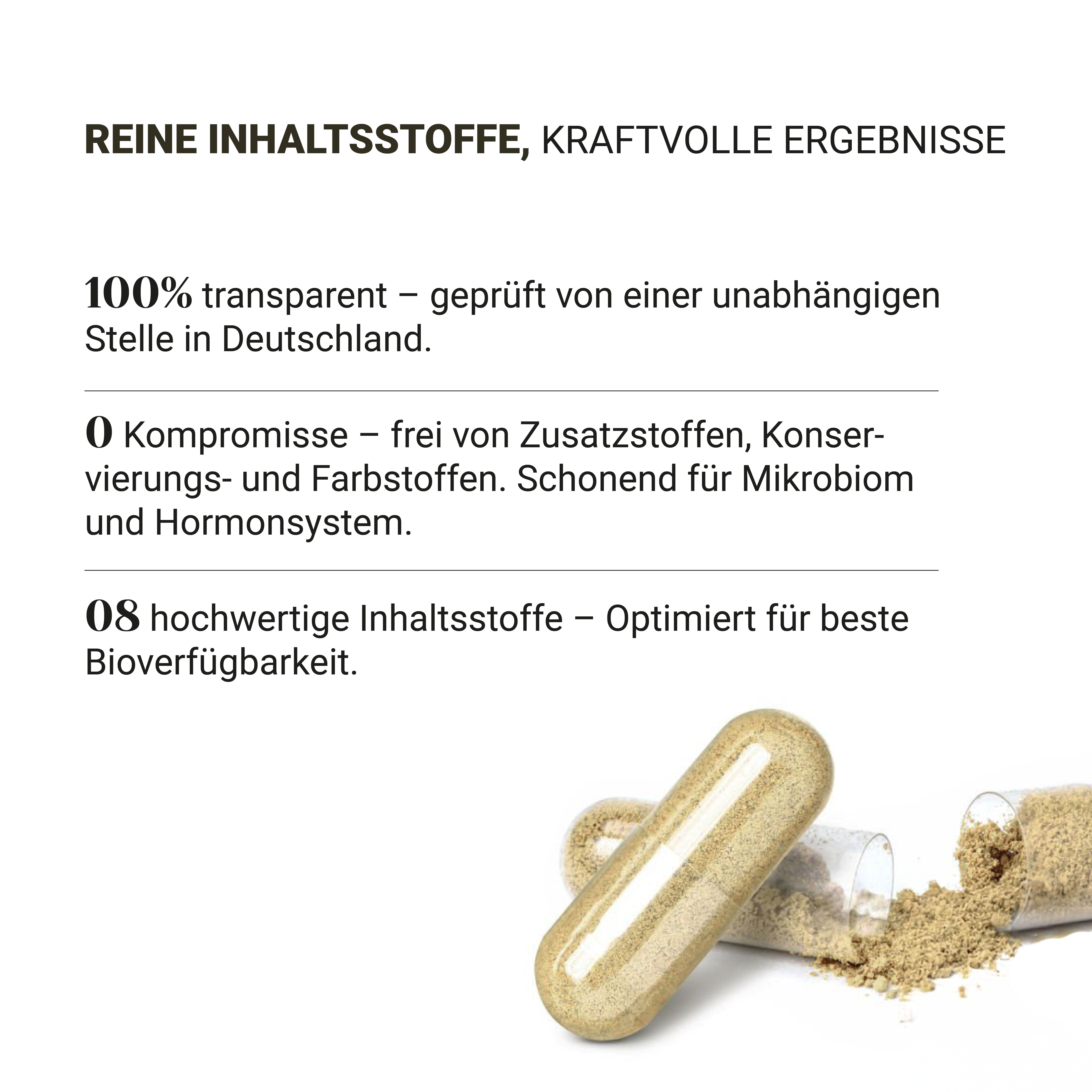 Kapseln und Pulver. Text: Reine Inhaltsstoffe, kraftvolle Ergebnisse.