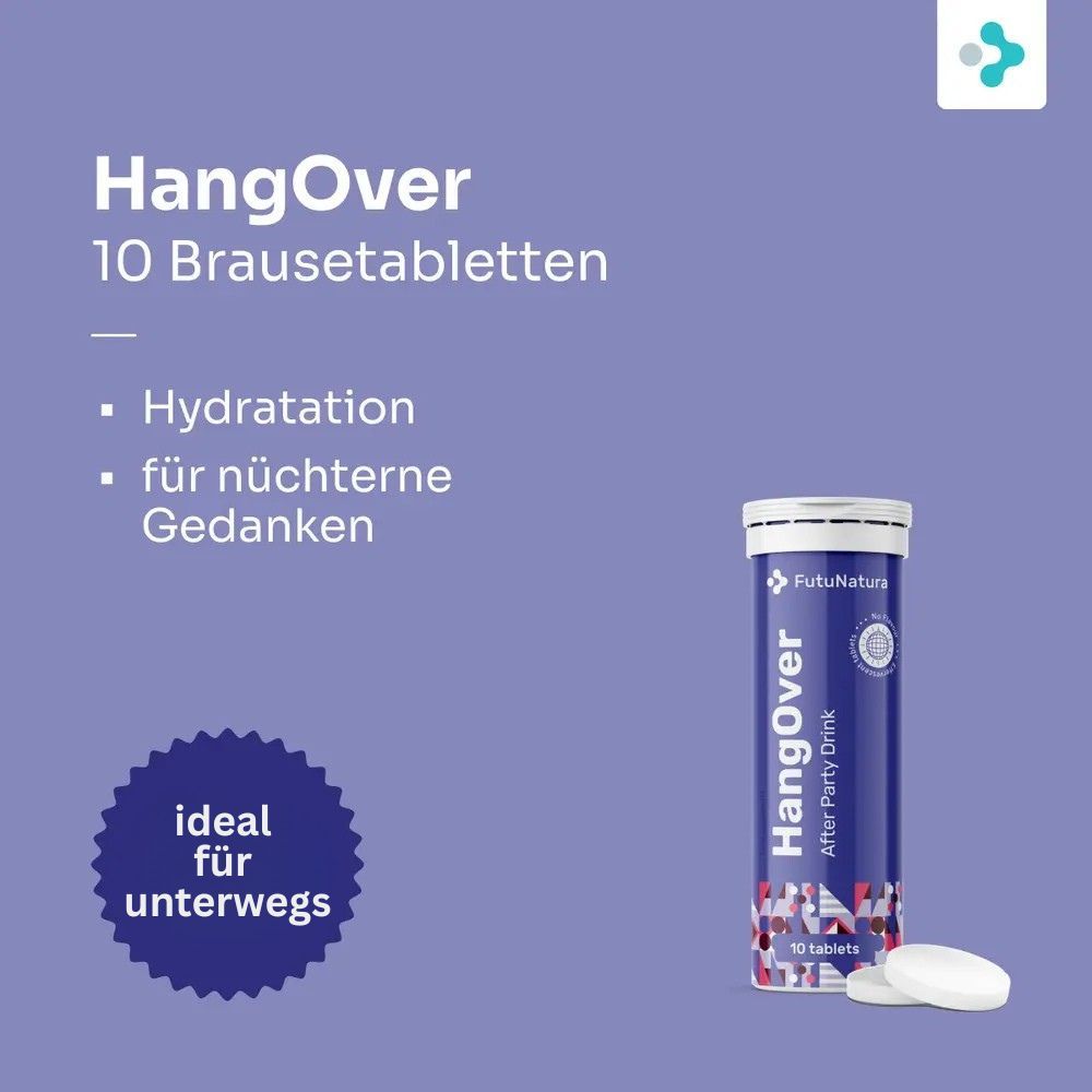 Werbebild mit "HangOver"-Tabletten. Text: "Hydratation", "für nüchterne Gedanken". Produktabbildung und zwei Tabletten.