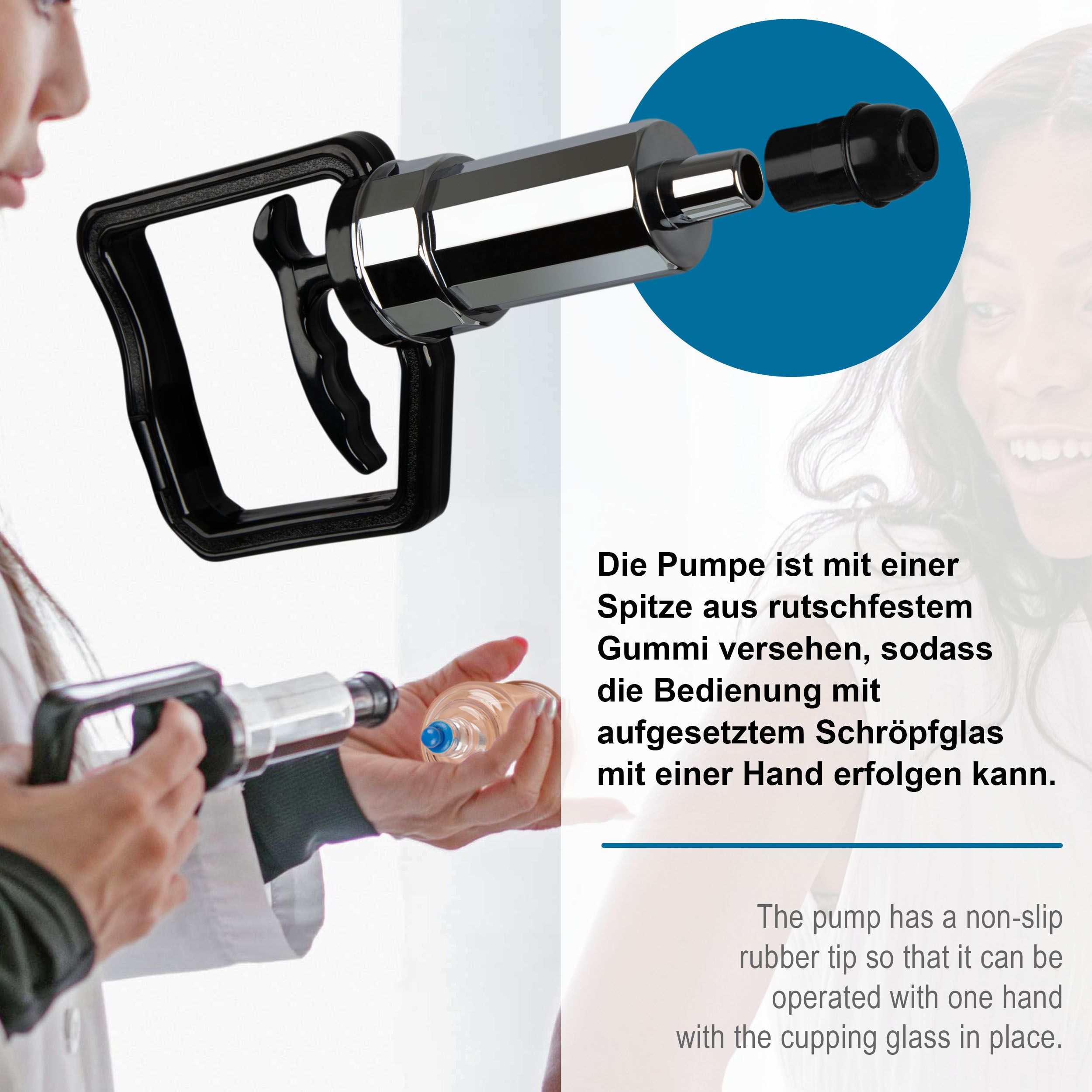 Vakuumpumpe mit rutschfestem Gummiteil. Ermöglicht Einhandbedienung mit Schröpfglas. Schwarzer Griff, silberner Zylinder, schwarze Spitze.