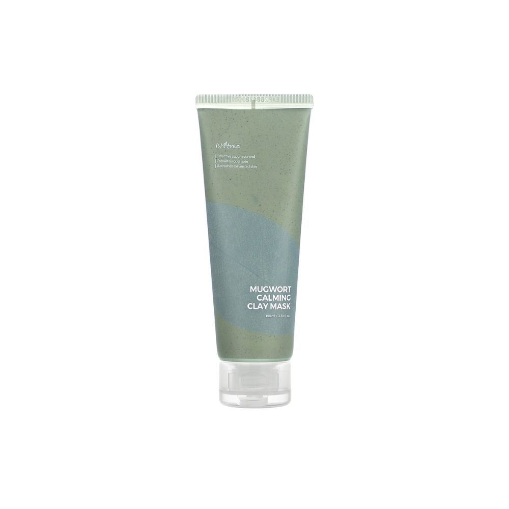 Gesichtsmaske in Tube. Grün-blaue Farbgebung. Aufschrift: Mugwort Calming Clay Mask.