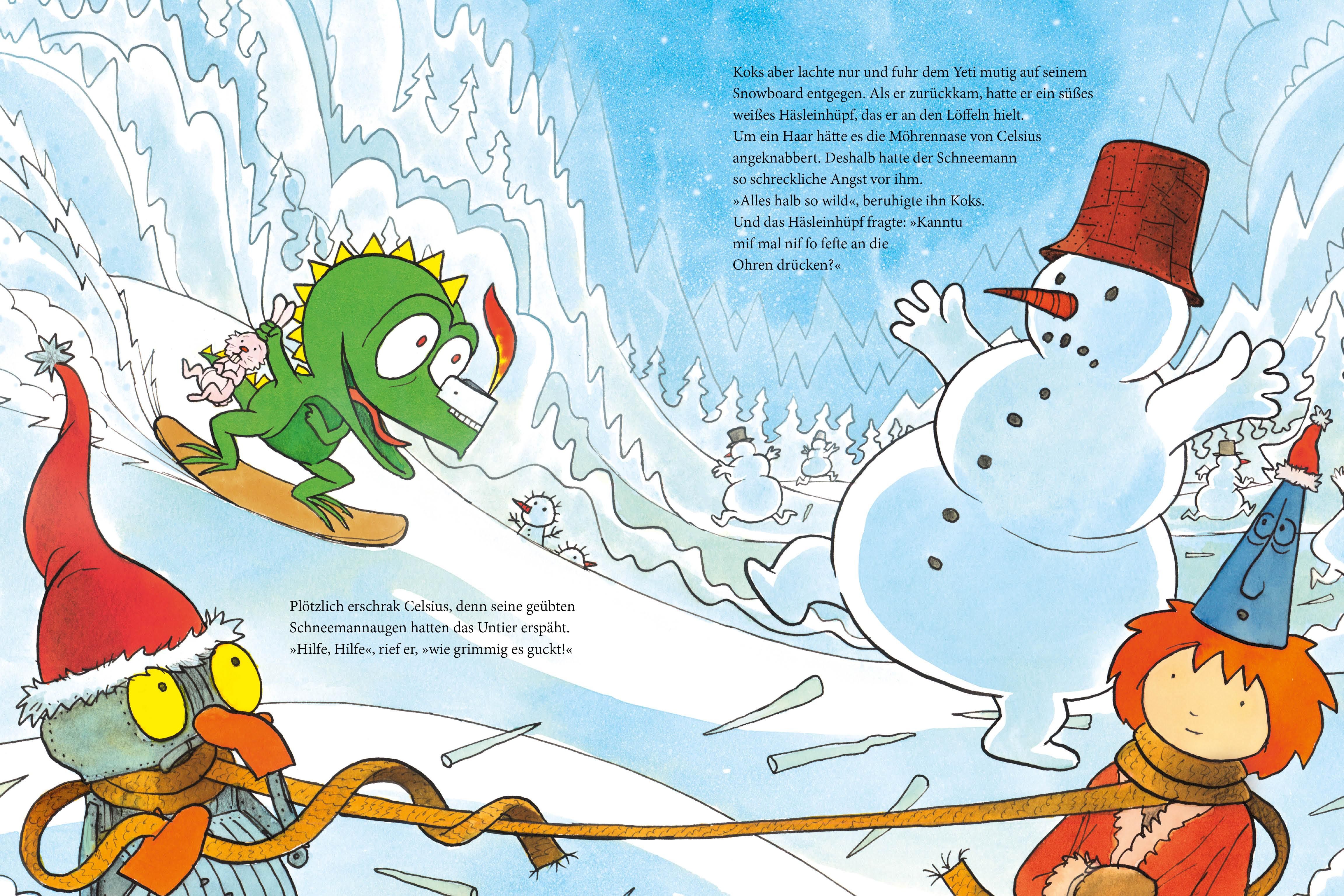 Illustration einer Schneelandschaft. Figuren: Drache auf Snowboard, Schneemann, Ritter Rost. Text in deutscher Sprache.