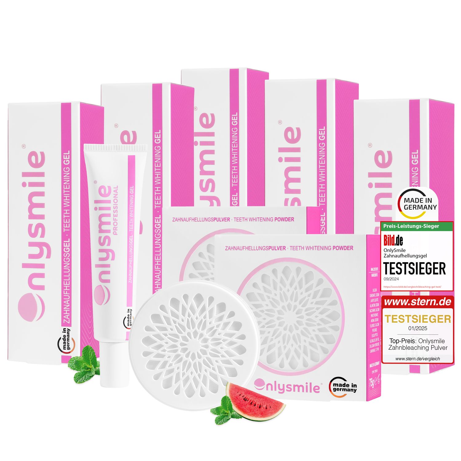Produkt-Set: Zahngel, Zahnpulver, Zertifikate, Minze, Wassermelone. Made in Germany. OnlySmile®.