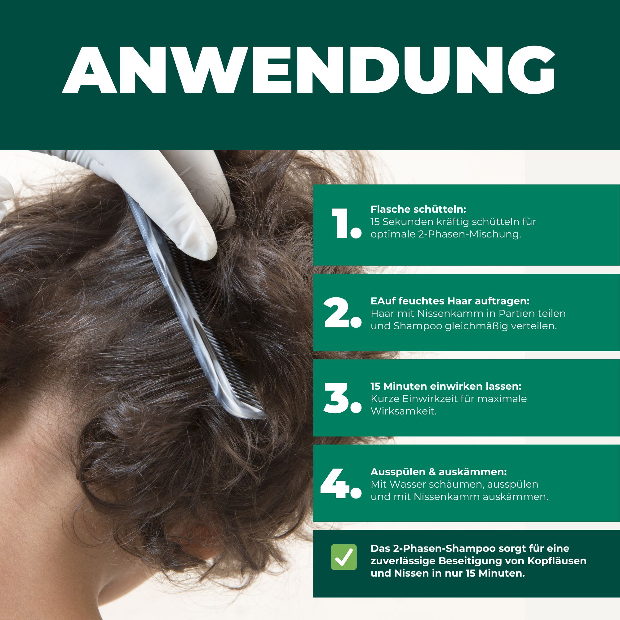 Anwendung: Schritt-für-Schritt-Anleitung mit Text und Bildern. Eine Hand mit Handschuh kämmt Haare.