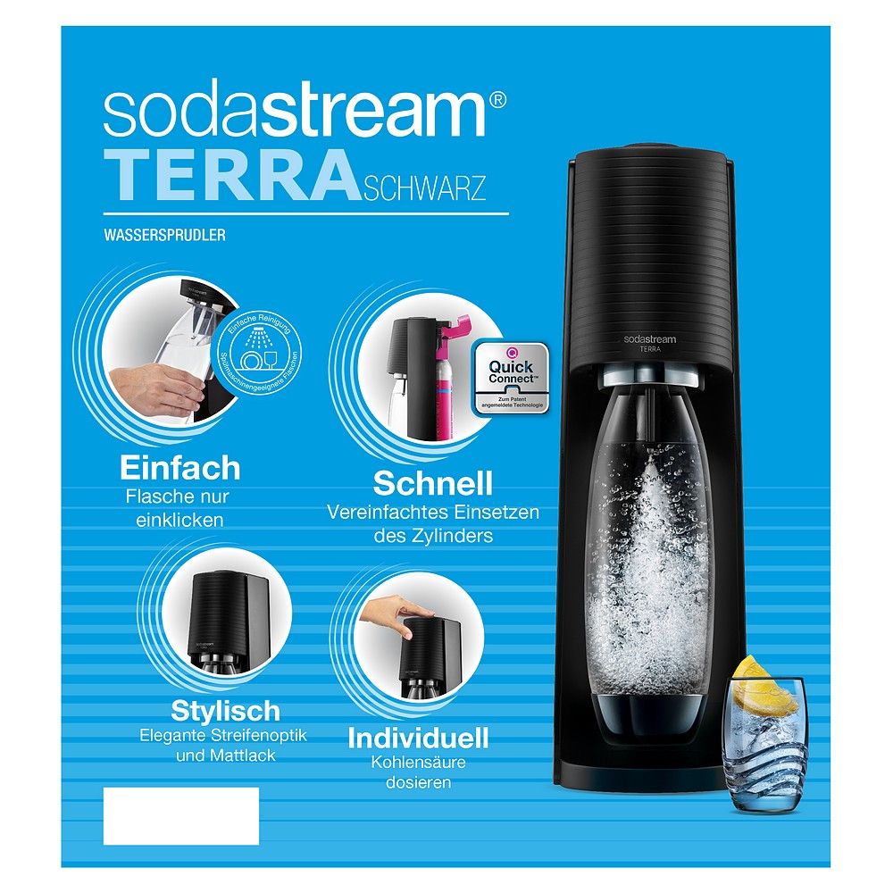 SodaStream Terra schwarz Wassersprudler mit Bedienungsanleitung und Glas.