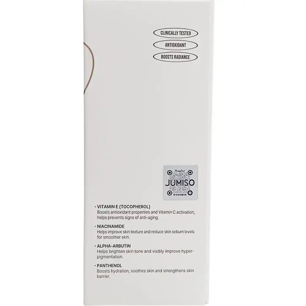 Rückseite der JUMISO Antioxidant Glow Facial Essence Verpackung mit Inhaltsstoffen und Siegeln.