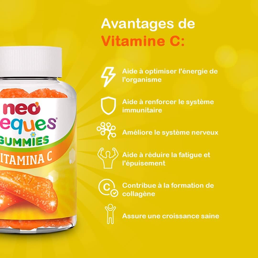 Eine Flasche Neo Peques Gummies Vitamin C. Text: Vorteile von Vitamin C. Symbole und Text beschreiben die Vorteile für den Körper.